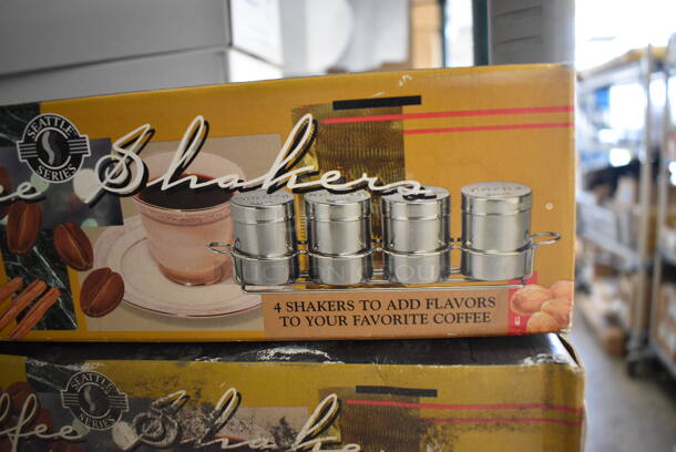 2 BRAND NEW IN BOX! Metal Countertop 4 Seasoning Shakers in Holder. 2 Times Your Bid!