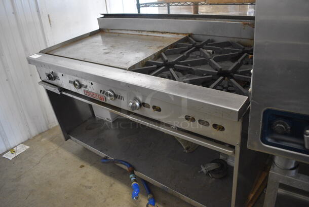 	Blodgett Stainless Steel Commercial Natural Gas Powered Flat Top Griddle w/ 4 Burner Range, Gas Hose and Under Shelf on Commercial Casters. One Caster Needs To Be Reattached. 60x31x43 - Image 5 of 7