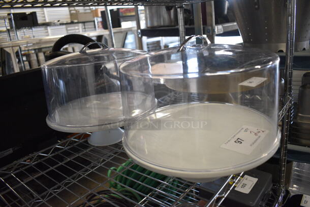 2 White Ceramic Cake Stands w/ Clear Poly Dome Covers. 12.5x12.5x4, 11x11x8. 2 Times Your Bid! - Image 3 of 3