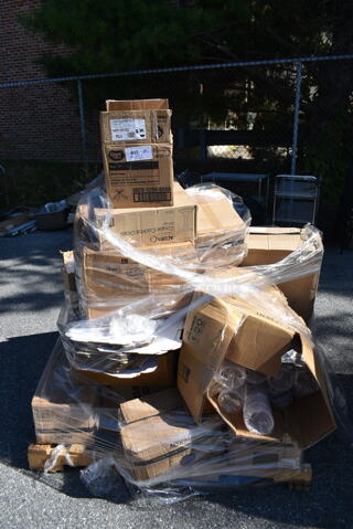 PALLET LOT of 12 BRAND NEW Boxes Including 3 Box 303COPMBP7 Acopa 7 1/4" Matte Black Stoneware Coupe Plate - 36/Case, 50016W Choice 16 oz. White Poly Paper Hot Cup - 1000/Case, C57PST1 Dart ClearSeal Hinged Lid Plastic Container 6" x 5 13/16" x 3" - 500/Case, 190H10LVS12OZ 10 Lane Universal Gravity Feed Bottle Organizer for 12 oz. to 16 oz. Bottles with Low Rings. 12 Times Your Bid! 