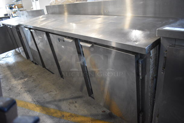 CustomCool Stainless Steel Commercial Work Top 4 Door Cooler w/ Backsplash. 96.5x24.5x45. Tested and Powers On But Does Not Get Cold - Image 5 of 6
