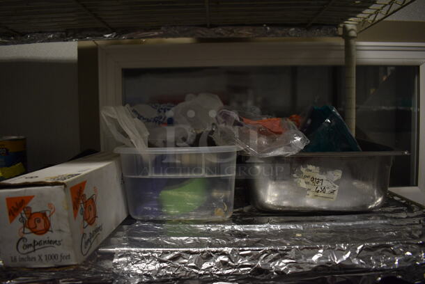 White 5 Tier Wire Shelving Unit w/ Contents Including Soup, Utensils and Receipt Paper Rolls. BUYER MUST REMOVE. BUYER MUST DISMANTLE. PCI CANNOT DISMANTLE FOR SHIPPING. PLEASE CONSIDER FREIGHT CHARGES. 48x18x75. (kitchen) - Image 3 of 10