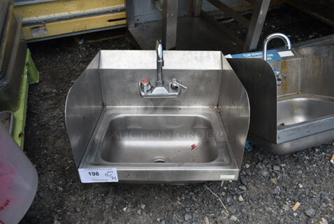 Stainless Steel Commercial Single Bay Wall Mount Sink w/ Faucet, Handles and Side Splash Guards.