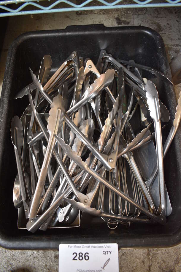 ALL ONE MONEY! Lot of Various Utensils Including Tongs in Black Poly Bus Bin