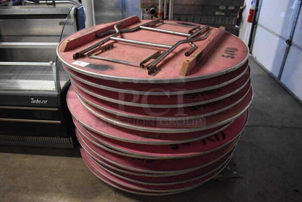 13 Wood Pattern Round Folding Tables w/ Metal Rim. 54x54x3. 13 Times Your Bid! - Image 1 of 4