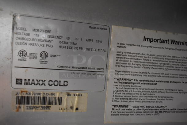 Maxx Cold MCR-23FDRE Stainless Steel Commercial Single Door Reach In Cooler w/ Poly Coated Racks on Commercial Casters. Missing 1 Caster. 115 Volts, 1 Phase. Tested and Working! - Image 7 of 7