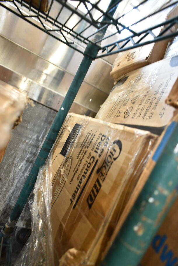 PALLET LOT of 43 BRAND NEW Boxes Including 500AL301BALL Ball 9 oz. Customizable Aluminum Cup with Ball Logo Design - 645/Case, 394325L Noble NexGen Powder-Free Disposable Blue Hybrid 3 Mil Thick Gloves - Large - 1000/Case, 128HD32COMBO ChoiceHD 32 oz. Microwavable Translucent Plastic Deli Container and Lid Combo Pack - 240/Case, 130ROLLKFSSH Visions 18" x 15 1/2" Pre-Rolled Linen-Feel White Napkin and Hammersmith Heavy Weight Silver Plastic Cutlery Set - 100/Case, 128HD16BULK ChoiceHD 16 oz. Microwavable Translucent Plastic Deli Container - 480/Case, 2 Box 5001RT800B Lavex 8" White Hardwound Paper Towel, 800 Feet / Roll - 6/Case, 5001RTSELNAT Lavex Select 1-Ply Natural Kraft Paper Towel Roll, 665 Feet / Roll - 6/Case, Dart 85HTB1R 8" x 8" x 3" Black Foam Square Take Out Container with Perforated Hinged Lid, 50010CAFE Choice 10 oz. Cafe Print Poly Paper Hot Cup - 1000/Case, 407CPAN62A Choice 6" x 2" Round Straight-Sided Aluminum Cake Pan, 612527PCO Choice 7" Round Standard Weight Foil Take-Out Pan with Dome Lid, 561L850YL Creative Converting 013014 100' Mimosa Yellow Disposable Plastic Table Cover, 176BD5BR Choice 5 Gallon Brown Beverage / Juice Dispenser. 43 Times Your Bid!  - Image 8 of 12
