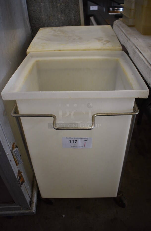 Two White Poly Ingredient Bins w/ Lids in Metal Frame on Commercial Casters. 16.5x33x29 - Image 2 of 5