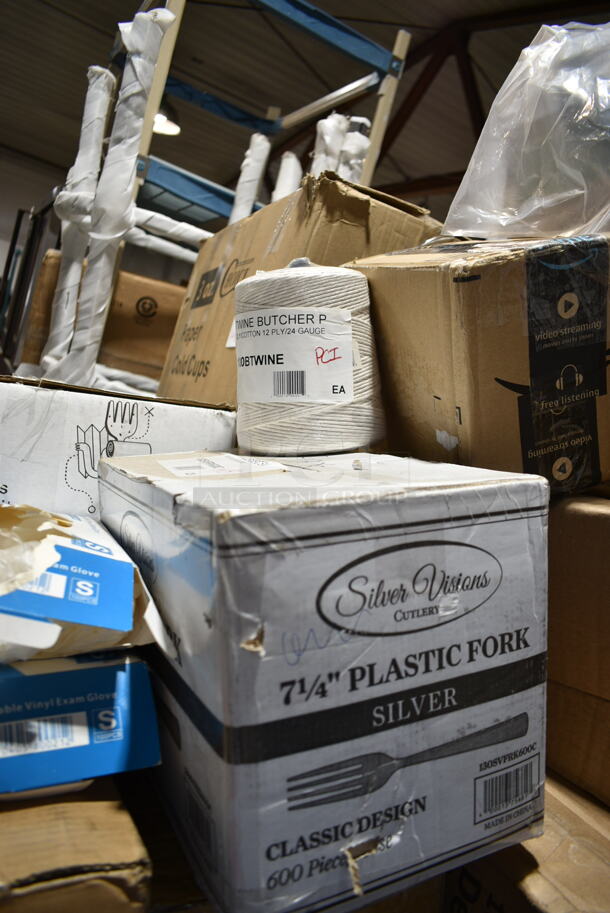 PALLET LOT of 24 BRAND NEW Boxes Including 395RP07 EcoChoice Compostable Sugarcane / Bagasse 7" Plate - 1000/Case, 130LID18 Visions 18" Clear PET Plastic Round Catering Tray High Dome Lid - 25/Case, 2 Box Choice Printed Hot Cup Sleeves, 127RD16BULK Choice 16 oz. Customizable Microwavable Translucent Round Deli Container - 500/Case, 129MCS28B Choice 28 oz. Black Rectangular Microwavable Heavy Weight Container with Lid 8 3/4" x 6 1/4" x 1 3/4" - 150/Case, Choice Blue Trays, 5002TPJPR1K Lavex Universal 2-Ply Jumbo 1000' Toilet Paper Roll with 8 1/2" Diameter - 12/Case, 100BTWINE Choice #24 Gauge Butcher Sausage Twine 2 lb. Spool, 130SVFRK600C Visions 7 1/4" Silver Classic Heavy Weight Silver Plastic Fork - 600/Case, 2 Box Small Vinyl Exam Gloves, 760PCC03W Choice White Poly Paper Cold Cup. 24 Times Your Bid! - Image 9 of 12