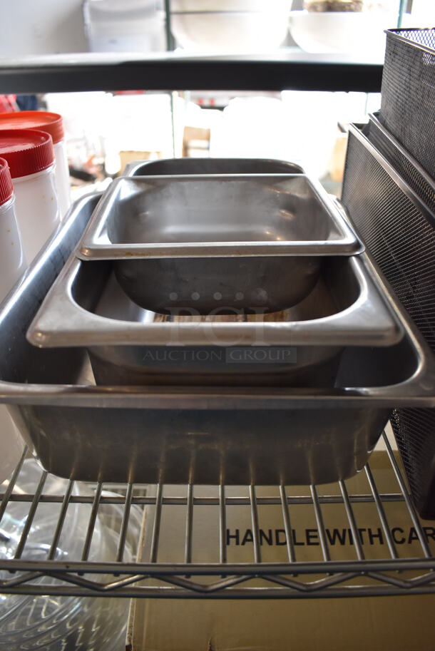 ALL ONE MONEY! Lot of Chrome Finish 5 Tier Shelving Unit w/ Contents Including Poly Cake Stand Covers, Mesh Bins, Metal Buckets, Stainless Steel Drop In Bins, Wooden Boxes and Silverware. BUYER MUST DISMANTLE. PCI CANNOT DISMANTLE FOR SHIPPING. PLEASE CONSIDER FREIGHT CHARGES. 49x18x77 - Image 10 of 12