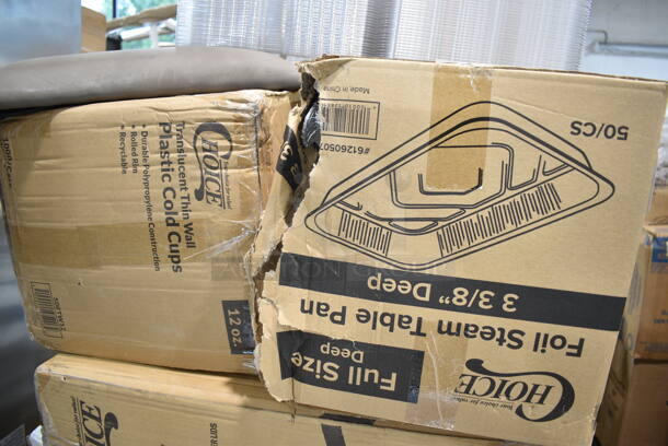 PALLET LOT of 26 BRAND NEW Boxes Including 61260507 Choice Full Size Foil Steam Table Pan Deep 3 3/8" Depth - Full Size Deep - 50/Case, 500TW12 Choice 12 oz. Translucent Thin Wall Plastic Cold Cup - 1000/Case, 760SOUP8WPA Choice 8 oz. White Double Poly-Coated Paper Food Cup with Vented Paper Lid - 250/Case, 7 Box 130HBKCUTFW Visions Individually Wrapped Black Heavy Weight Plastic Fork - 1000/Case, 2 Box 500CC20 Choice Clear PET Customizable Plastic Cold Cup - 20 oz. - 600/Case, Dart Y16T Conex Galaxy 16 oz. Translucent Tall Plastic Cold Cup - 1000/Case, 2 Box 612527L Choice 7" Round Foil-Laminated Board Lid - 500/Case, Dart 85HT1R 8" x 8" x 3" White Foam Square Take Out Container with Perforated Hinged Lid - 200/Case. 26 Times Your Bid! - Image 2 of 12
