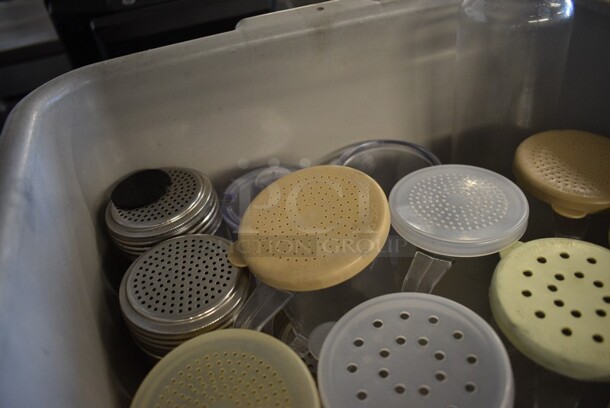 ALL ONE MONEY! Lot of Various Poly and Metal Shakers, Replacement Lids and Poly Oil Container in Gray Poly Bus Bin. Includes 4x3x4. - Image 3 of 5