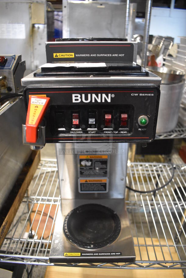 2012 Bunn CWTF15 Stainless Steel Commercial Countertop 3 Burner Coffee Machine w/ Hot Water Dispenser. 120 Volts, 1 Phase. 8x20x19