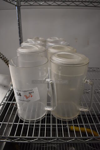 ALL ONE MONEY! Lot of 8 Clear Poly Pitchers w/ 7 Lids. 7x5x9.5