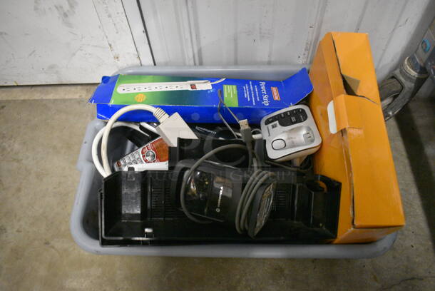 ALL ONE MONEY! Lot of Various Items Including Power Strip in Gray Bus Bin! 21x15x5