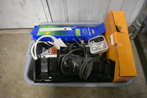 ALL ONE MONEY! Lot of Various Items Including Power Strip in Gray Bus Bin! 21x15x5