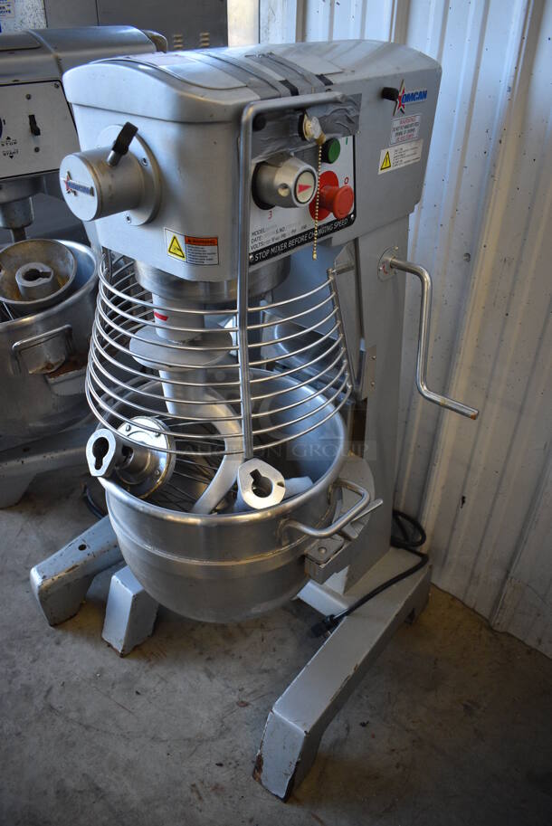 2017 Omcan Model SF300A Metal Commercial Floor Style 30 Quart Planetary Dough Mixer w/ Stainless Steel Mixing Bowl, Bowl Guard, Dough Hook, Paddle and Whisk Attachments. 110 Volts, 1 Phase. 22x24x45.5. Tested and Working w/ The Use of the Pull Chain