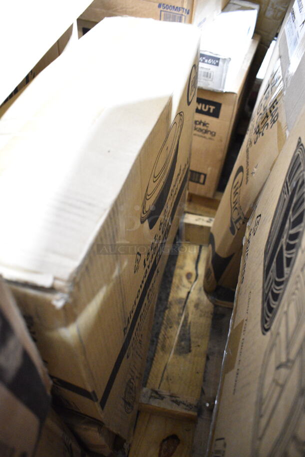 PALLET LOT of 26 BRAND NEW Boxes Including 61260507 Choice Full Size Foil Steam Table Pan Deep 3 3/8" Depth - Full Size Deep - 50/Case, 500TW12 Choice 12 oz. Translucent Thin Wall Plastic Cold Cup - 1000/Case, 760SOUP8WPA Choice 8 oz. White Double Poly-Coated Paper Food Cup with Vented Paper Lid - 250/Case, 7 Box 130HBKCUTFW Visions Individually Wrapped Black Heavy Weight Plastic Fork - 1000/Case, 2 Box 500CC20 Choice Clear PET Customizable Plastic Cold Cup - 20 oz. - 600/Case, Dart Y16T Conex Galaxy 16 oz. Translucent Tall Plastic Cold Cup - 1000/Case, 2 Box 612527L Choice 7" Round Foil-Laminated Board Lid - 500/Case, Dart 85HT1R 8" x 8" x 3" White Foam Square Take Out Container with Perforated Hinged Lid - 200/Case. 26 Times Your Bid! - Image 12 of 12