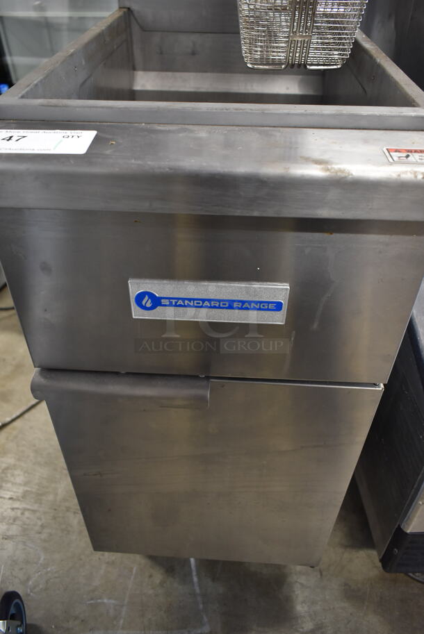 2021 Standard Range SR-F4-LP Stainless Steel Commercial Floor Style Propane Gas Powered Deep Fat Fryer w/ 2 Metal Fry Baskets. 120,000 BTU.  - Image 4 of 6