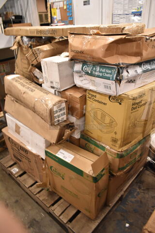 PALLET LOT of 30 BRAND NEW Boxes Including 600TWMS1648 16" x 48" Stainless Steel Tubular Wall Mounted Shelf, 500CC9 Choice 9 oz. Clear PET Customizable Plastic Squat Cold Cup - 1000/Case, 500TO883 Choice 8" x 8" x 3" Microwaveable 1-Compartment Black / Clear Plastic Hinged Container - 100/Case, CHoice 12 oz Deli Container, 12 oz Foam Bowls, 5013339XXH Lavex Pro 33 Gallon 2.5 Mil 33" x 39" Low Density Heavy-Duty Industrial Contractor Black Trash Bag Can Liner - 100/Case, 395RP09 EcoChoice Compostable Sugarcane / Bagasse 9" Plate - 500/Case, 127CH32F Choice 32 oz. Clear RPET Tall Hinged Deli Container with Domed Lid - 200/Case, Choice 8 Quart Full Size Folding Chafer. 30 Times Your Bid!