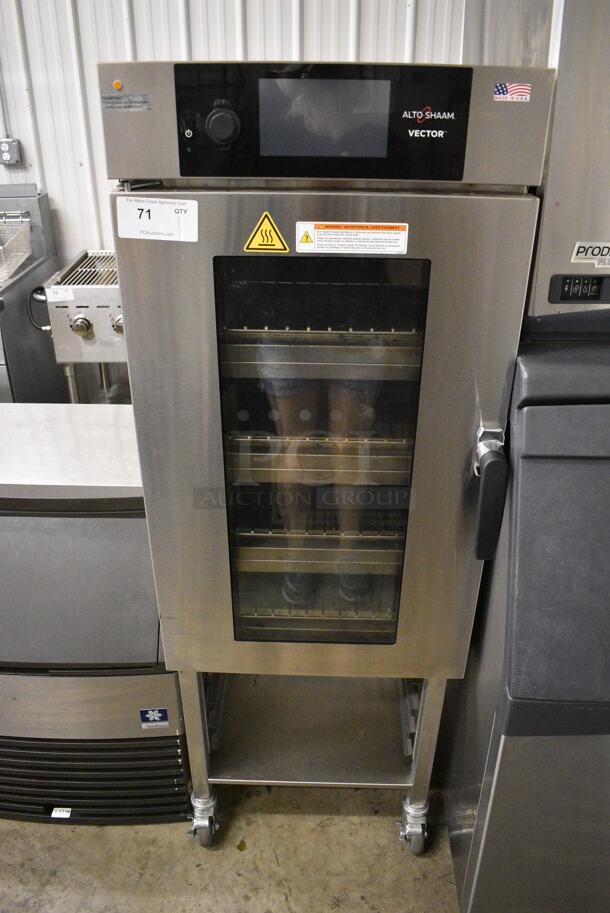 2020 Alto Shaam Model VMC H4H Vector Stainless Steel Commercial Multi Cook Oven on Stainless Steel Equipment Stand w/ Commercial Casters. 208-240 Volts, 3 Phase. 21.5x38x64