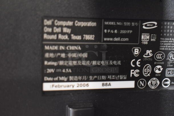 3 Dell 2001FP 20" Computer Monitors. 100-240 Volts, 1 Phase. 3 Times Your Bid! - Image 10 of 12
