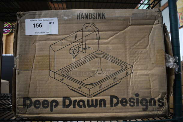 BRAND NEW IN BOX! Stainless Steel Commercial Single Bay Wall Mount Sink w/ Mount Bar, Faucet and Handles. 17x15x13 - Image 1 of 5