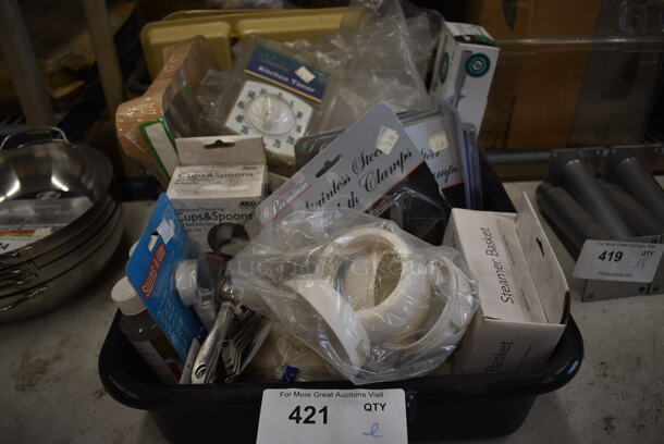 ALL ONE MONEY! Lot of Various BRAND NEW Items In Black Bus Bin Including Tablecloth Clamps, Measuring Cups and Timer
