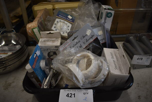 ALL ONE MONEY! Lot of Various BRAND NEW Items In Black Bus Bin Including Tablecloth Clamps, Measuring Cups and Timer - Image 1 of 5