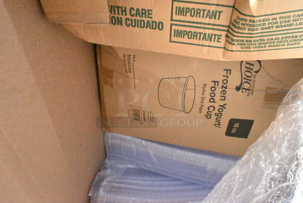 22 BRAND NEW Boxes Including 5008W Choice 8 oz. Tall White Poly Paper Hot Cup - 1000/Case, Dart 12J12 12 oz. White Customizable Foam Cup - 1000/Case, 760IC16PD Choice 16 oz. Polka Dot Paper Frozen Yogurt / Food Cup - 1000/Case, 346WKFSNM Choice Medium Weight White Wrapped Plastic Cutlery Set with Napkin - 250/Case, 5002WRAPNAPN EcoChoice WrapNap 2-Ply Natural Kraft 1/4 Fold Dinner Napkin 16" x 16", Dart PET16B PresentaBowls 16 oz. Clear Plastic Bowl , 394365L Noble Products Powder-Free Disposable Clear Vinyl Gloves for Foodservice - Large - 1000/Case, 50012RIPKRPE Choice 12 oz. Double Wall Ripple Kraft Paper Hot Cup - 500/Case, 5014046M1 Lavex Li'l Herc 45 Gallon 1.2 Mil 40" x 46" Low Density Medium-Duty Clear Can Liner / Trash Bag. 22 Times Your Bid!  - Image 4 of 12