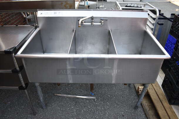 Stainless Steel Commercial 3 Bay Sink w/ Faucet and Handles. 50x25x41. Bays 16x21x13