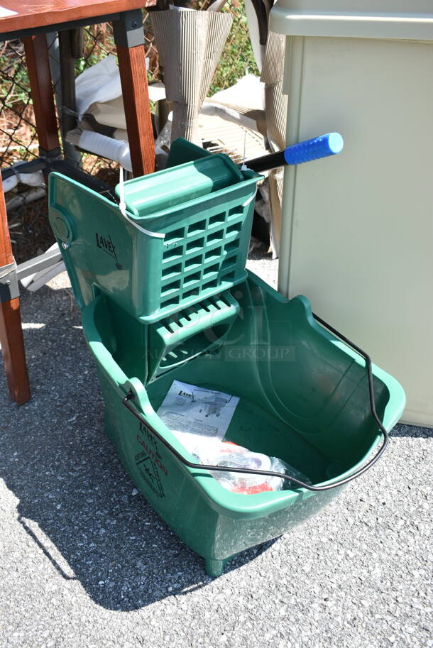 4 BRAND NEW SCRATCH AND DENT! Items Including 475WH23BG Lavex 23 Gallon Beige Slim Trash Can, 164VYBARSTES Lancaster Table & Seating Vineyard Series Whiskey Brown Wood Outdoor Cross Back Bar Stool, Lavex Green Mop Bucket, Wood Pattern Stool. 4 Times Your Bid!  - Image 10 of 12