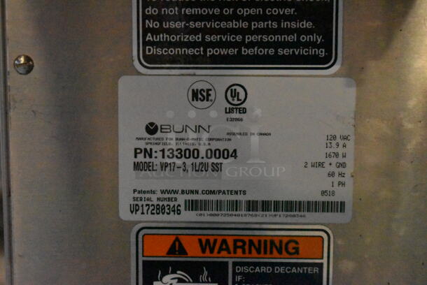 2018 Bunn VP17-3 Stainless Steel Commercial Countertop 3 Burner Coffee Machine w/ Poly Brew Basket. 120 Volts, 1 Phase.  - Image 7 of 8