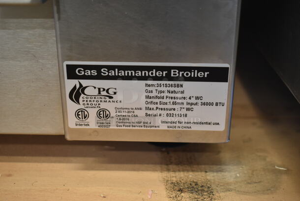 BRAND NEW SCRATCH AND DENT! Cooking Performance Group CPG 351S36SBN Stainless Steel Commercial Natural Gas Powered Salamander Broiler Cheese Melter. 36,000 BTU. Tested and Working! - Image 6 of 8