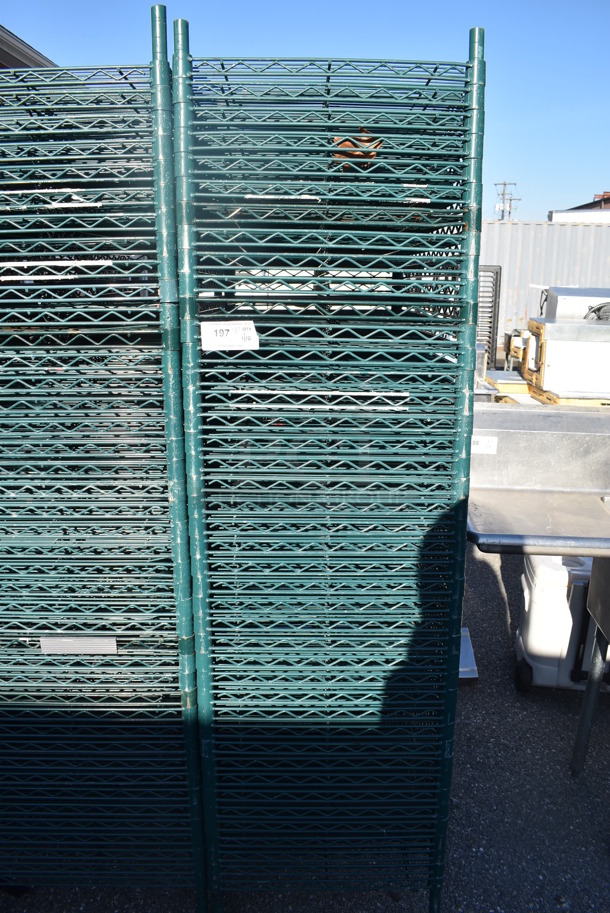 ALL ONE MONEY! Lot of 42 Green Finish Wire Shelves and 4 Poles. 36x21x1.5, 76" - Image 2 of 4