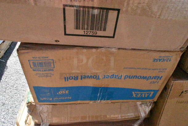 20 BRAND NEW Boxes Including 130SCB048DL Visions Clear PET Plastic Dome Lid for 24, 32, and 48 oz. Square Bowls - 300/Case, Herc 5014347M15 Lavex Li'l Herc 56 Gallon 1.5 Mil 43" x 47" Low Density Medium-Duty Black Can Liner / Trash Bag - 100/Case, 5001RT350N Lavex Natural Kraft Hardwound Paper Towel, 350 Feet / Roll - 12/Case, 3 Box 395RP09 EcoChoice Compostable Sugarcane / Bagasse 9" Plate - 500/Case, 433NHT101 Choice 1/6 Standard Size White "Thank You" Medium-Duty Plastic T-Shirt Bag - 1000/Case, 3 Box 760SOUP16WB Choice 16 oz. White Double Poly-Coated Paper Food Cup - 500/Case, Dart 16MJ20 16 oz. Medium Squat White Customizable Foam Food Container, 500TW5 Choice 5 oz. Translucent Thin Wall Plastic Cold Cup - 2500/Case. 20 Times Your Bid!  - Image 4 of 12
