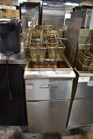 2020 Mainstreet 541FF40N Stainless Steel Commercial Floor Style Natural Gas Powered Deep Fat Fryer w/ 2 Metal Fry Baskets and Splash Guard. 90,000 BTU. 