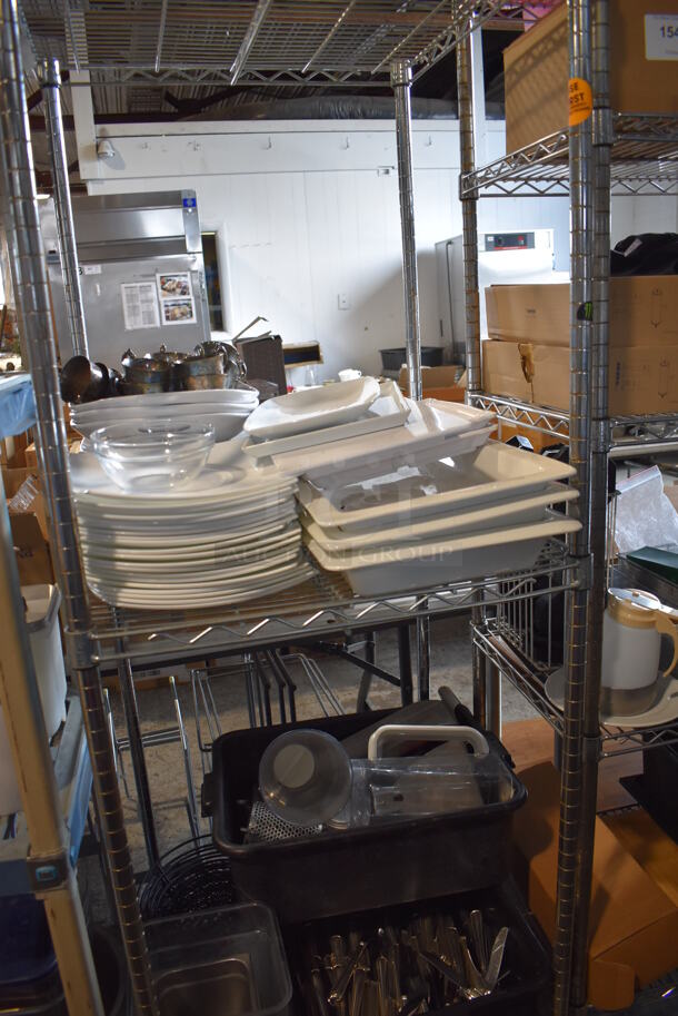 ALL ONE MONEY! Lot of Chrome Finish 3 Tier Shelving Unit on Commercial Casters w/ Contents Including Ceramic Dishes, Silverware and Poly Bins. BUYER MUST DISMANTLE. PCI CANNOT DISMANTLE FOR SHIPPING. PLEASE CONSIDER FREIGHT CHARGES. 24x24x68 - Image 2 of 11