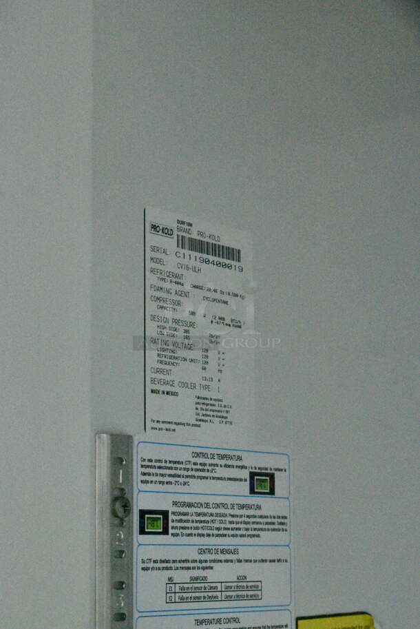 Pro-Kold CV16-ULH Metal Commercial Single Door Reach In Freezer Merchandiser w/ Poly Coated Racks on Commercial Casters. 115 Volts, 1 Phase. Tested and Powers On But Does Not Get Cold - Image 6 of 6