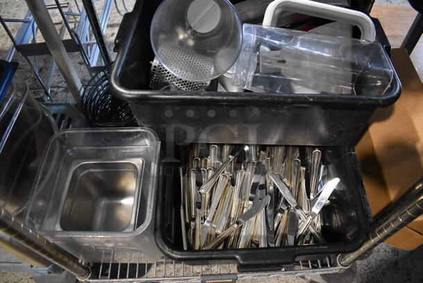 ALL ONE MONEY! Lot of Chrome Finish 3 Tier Shelving Unit on Commercial Casters w/ Contents Including Ceramic Dishes, Silverware and Poly Bins. BUYER MUST DISMANTLE. PCI CANNOT DISMANTLE FOR SHIPPING. PLEASE CONSIDER FREIGHT CHARGES. 24x24x68 - Image 8 of 11