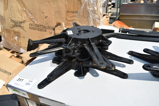 BRAND NEW SCRATCH AND DENT! Lot of 19 Lancaster Table and Seating Items Including 164TB5222 5" x 22" Straight Cast Iron Table Base Plate, 164STS1000 Cast Iron Table Base Spider, 9 164TS1800 18" Cast Iron Table Base Spider and 4 Metal Legs.  - Image 11 of 12