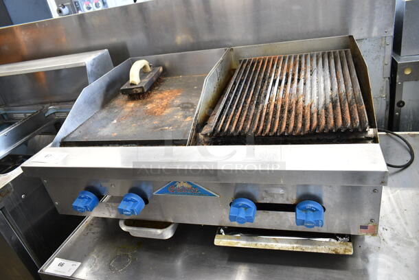Comstock-Castle Stainless Steel Commercial Countertop Natural Gas Powered Flat Top Griddle and Charbroiler Grill Combo. 