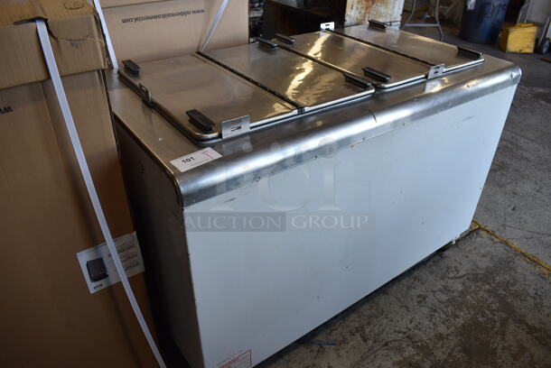 Metal Commercial Chest Freezer w/ 2 Center Hinge Lids on Commercial Casters. 54x31x38. Tested and Powers On But Does Not Get Cold - Image 2 of 7