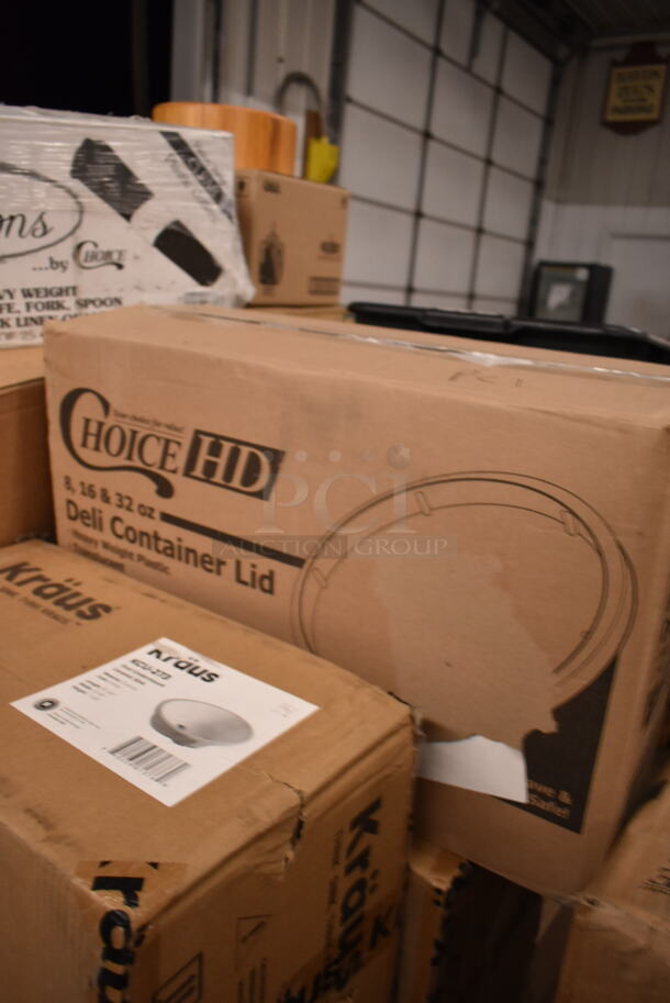 PALLET LOT of 36 BRAND NEW Boxes Including 395TO993 EcoChoice 9" x 9" x 3" Compostable Sugarcane / Bagasse 3 Compartment Takeout Container - 200/Case, 130IC10PCLW1M Choice 10 lb. Clear Wicketed Ice Bag with Ice Print - 1000/Case, 128HD12COMBO ChoiceHD Microwavable Translucent Deli Container, 7 Box Hollowick HD50-36 50 Hour "Smokeless" Clear Liquid Candle Fuel Cartridge - Not for Home Consumer Use - 48/Case, enMotion 59460A Dispenser, Acopa 553GD1535WS Wood Base for Acopa 3 and 5 Gallon Glass Beverage Dispensers,Jumbo Paper Straws, 2 Box 130PKROLLKFS Visions 17" x 17" Black Pre-Rolled Linen-Feel Napkin and Clear Heavy Weight Plastic Cutlery Set - 100/Case, Kraus KCU-273 Ceramic Sink. 36 Times Your Bid! - Image 10 of 12