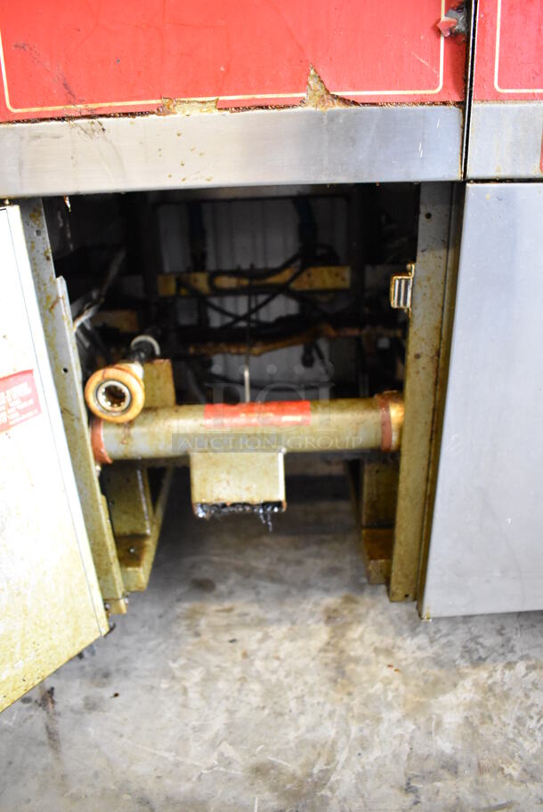 Vulcan 30RD45 Stainless Steel Commercial Floor Style Natural Gas Powered 2 Bay Deep Fat Fryer w/ Center Dumping Station on Commercial Casters. Missing Caster. 240,000 BTU. 47x35x58 - Image 10 of 12