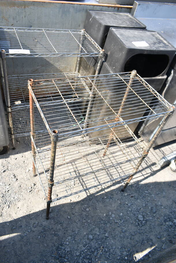 2 Chrome Finish 3 Tier Wire Shelving Unit. 2 Times Your Bid! BUYER MUST DISMANTLE. PCI CANNOT DISMANTLE FOR SHIPPING. PLEASE CONSIDER FREIGHT CHARGES. - Image 1 of 5