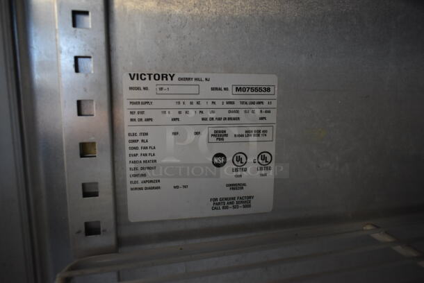 Victory VF-1 Stainless Steel Commercial Single Door Reach In Freezer w/ Poly Coated Racks on Commercial Casters. 115 Volts, 1 Phase. Tested and Working! - Image 6 of 6
