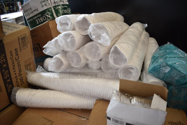 PALLET LOT of 30 BRAND NEW Boxes Including 50020W Choice 20 oz. White Poly Paper Hot Cup - 600/Case, 4 Box 130WSSPOON Choice Medium Weight White Plastic Soup Spoon - 1000/Case, 77000049 Solut 00049 6 3/4" x 5" Clear PET Smooth Wall Lid for Small Rectangle Tray - 300/Case, 346MEDCUP1Z Choice 1 oz. Disposable Polypropylene Graduated Medicine Cup - 5000/Case, 395RP10 EcoChoice Compostable Sugarcane / Bagasse 10" Plate - 500/Case, 130APPFRKSLV Visions 4" Silver Plastic Tasting Fork - 400/Case. 30 Times Your Bid!  - Image 11 of 12