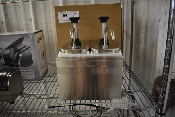 BRAND NEW IN BOX! ServSense Stainless Steel Double 2 Qt. Condiment Dispenser w/ 2 Pump Tops. 10x12x13