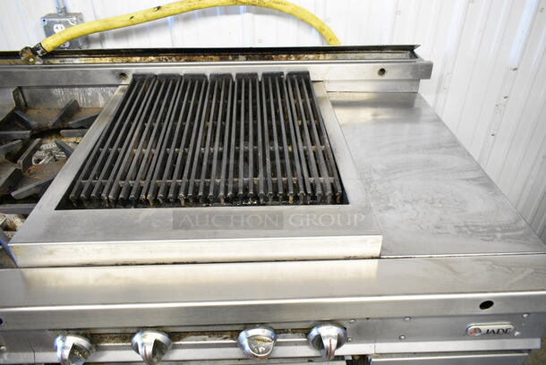 Jade Range Stainless Steel Commercial Gas Powered Flat Top Griddle w/ 2 Burner Range, Charbroiler Grill and 4 Drawer Chef Base on Commercial Casters. Cannot Test Chef Base - Appears To Have Been Hardwired - Image 6 of 12
